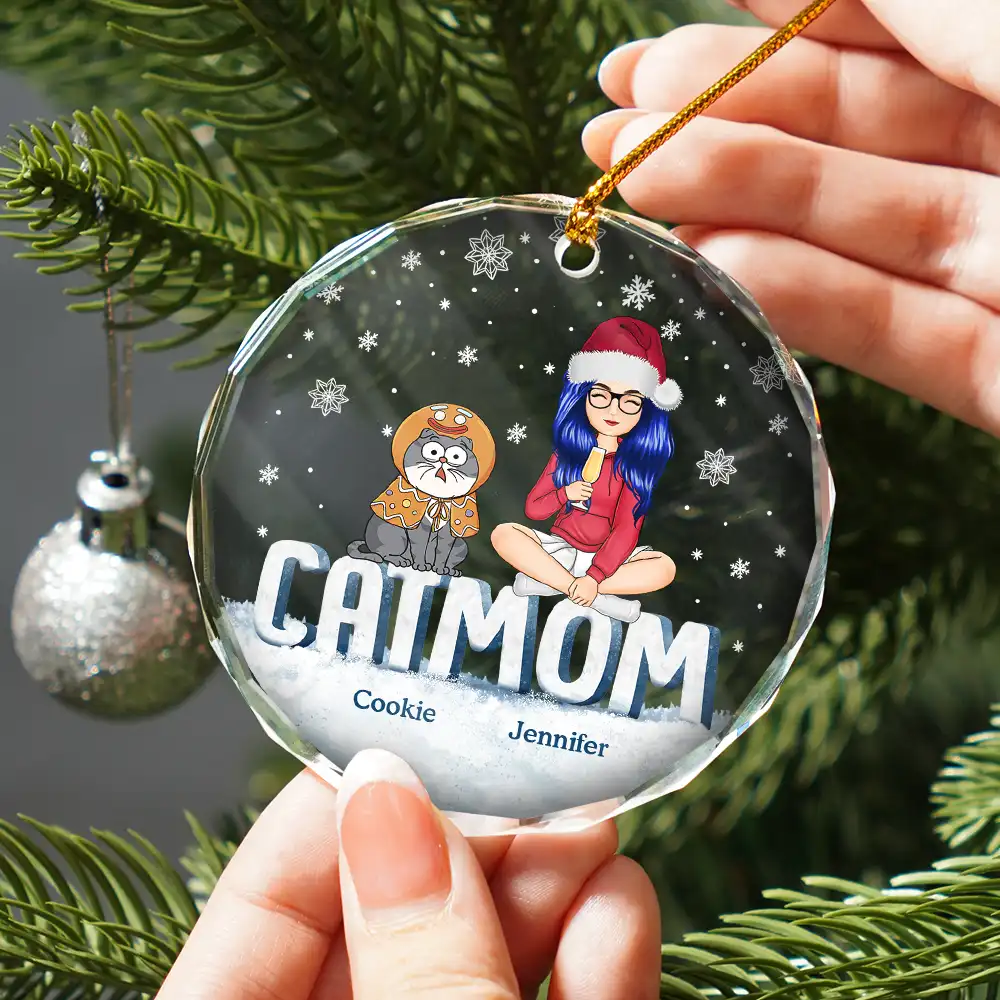 Christmas Cat Mom Cartoon Style - Personalized Circle Glass Ornament - Image 2