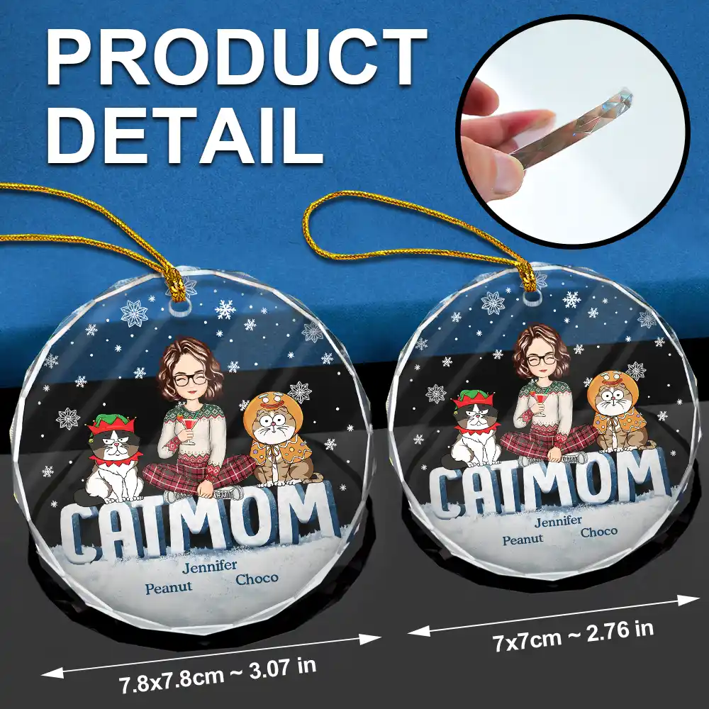 Christmas Cat Mom Cartoon Style - Personalized Circle Glass Ornament - Image 6
