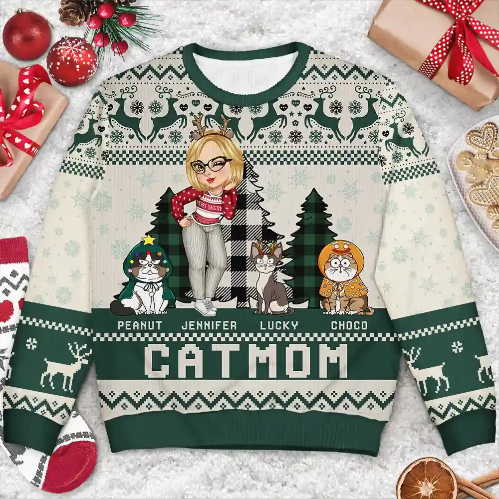 Christmas Cat Mom Funny Cartoon Cats - Personalized Unisex Ugly Sweater - Image 3