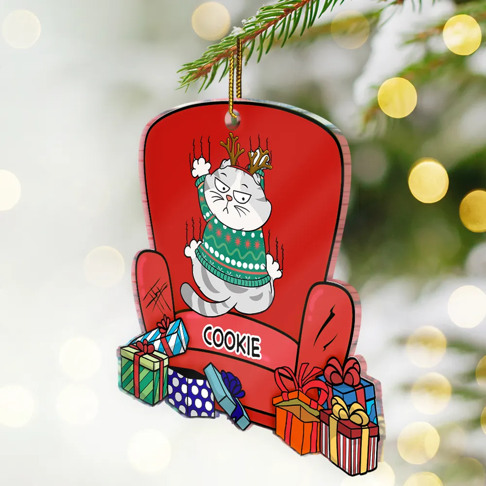 Christmas Cat Scratching Sofa - Personalized Custom Shaped Acrylic Ornament - Image 2