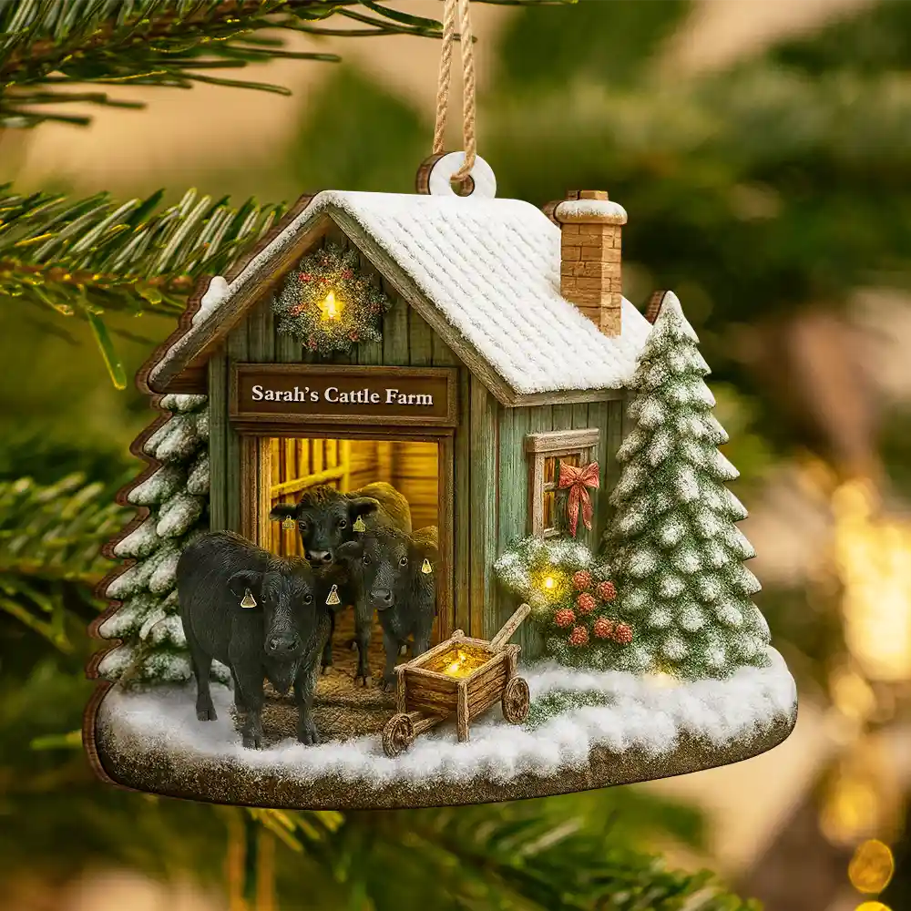 Christmas Cattle Farm - Personalized Custom Shaped Wooden Ornament - Image 3