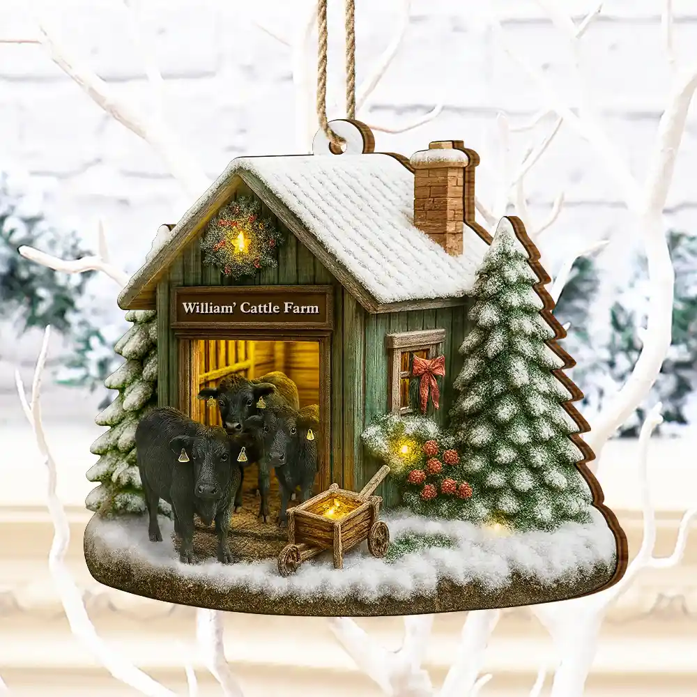 Christmas Cattle Farm - Personalized Custom Shaped Wooden Ornament - Image 4