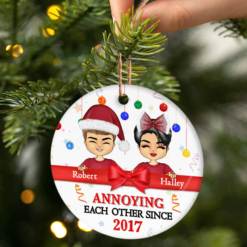 Christmas Chibi Couple Annoying Each Other Since - Personalized Custom Circle Ceramic Ornament - Image 2