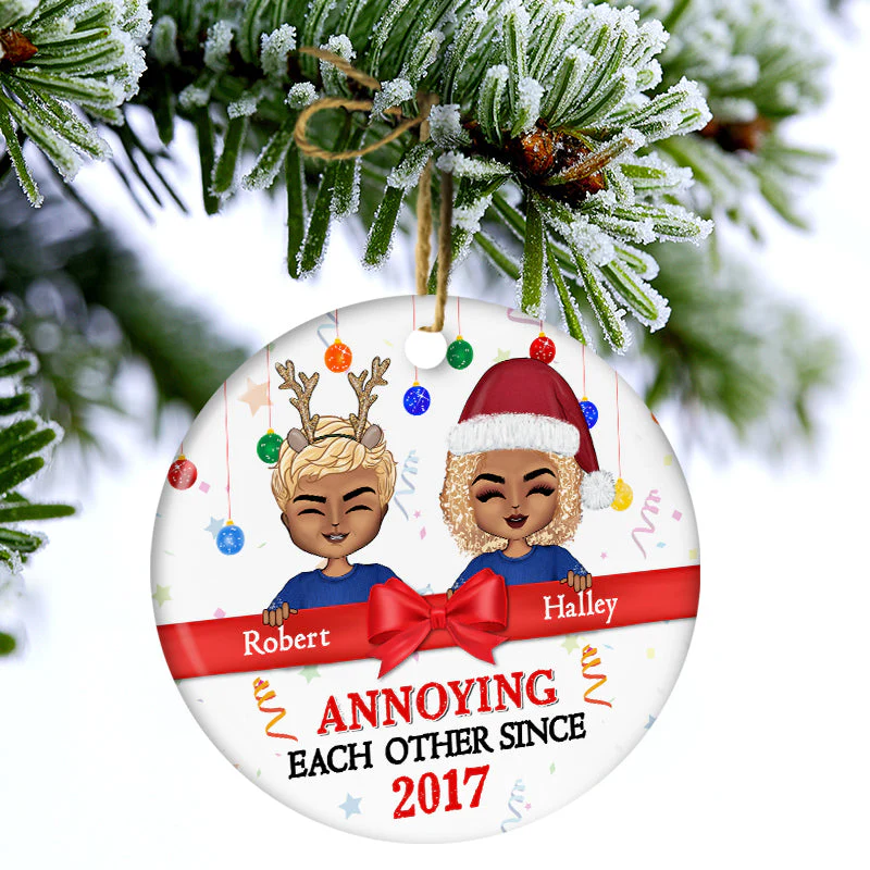 Christmas Chibi Couple Annoying Each Other Since - Personalized Custom Circle Ceramic Ornament - Image 3