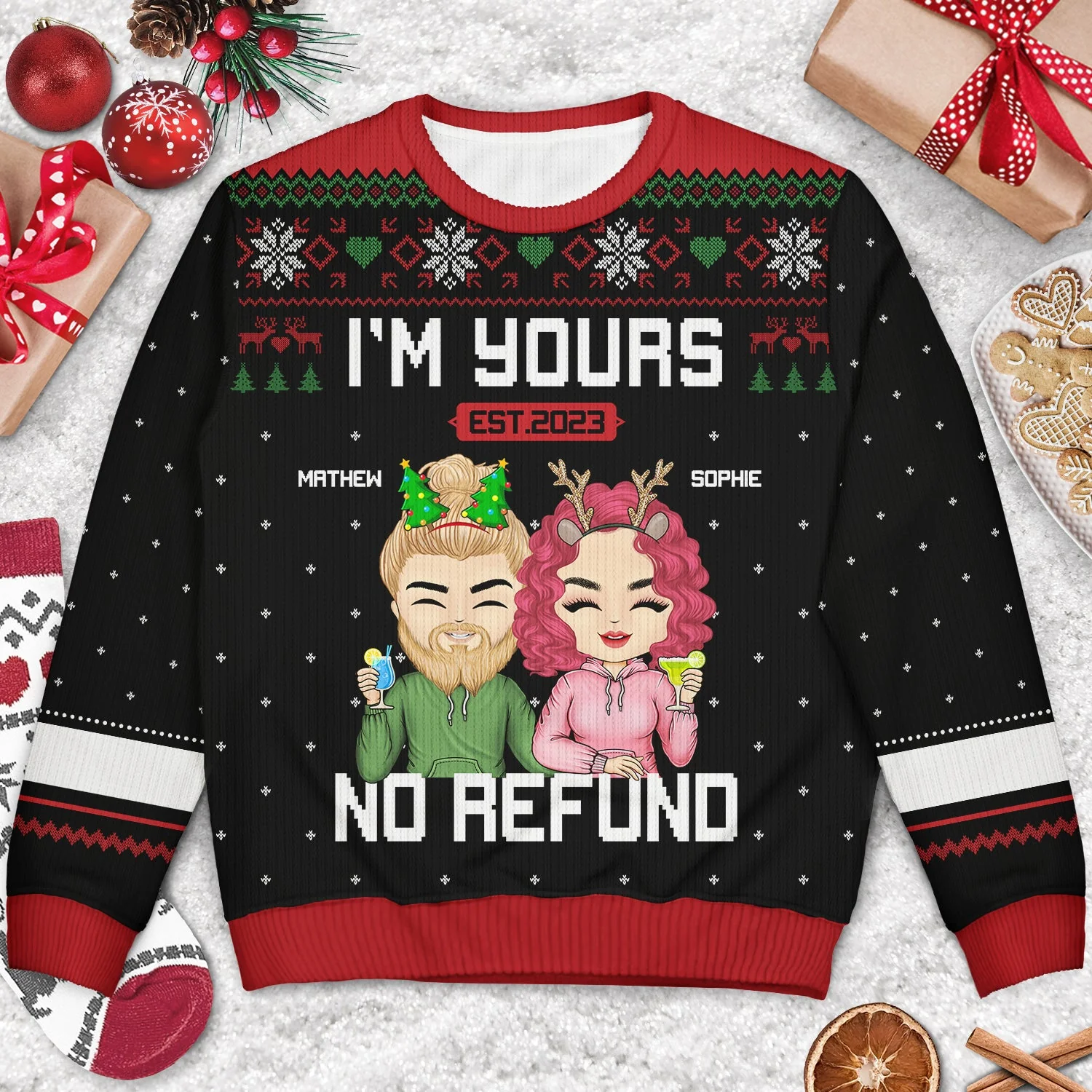 Christmas Chibi Couple I'm Yours No Refund - Gift For Couples - Personalized Unisex Ugly Sweater - Image 3