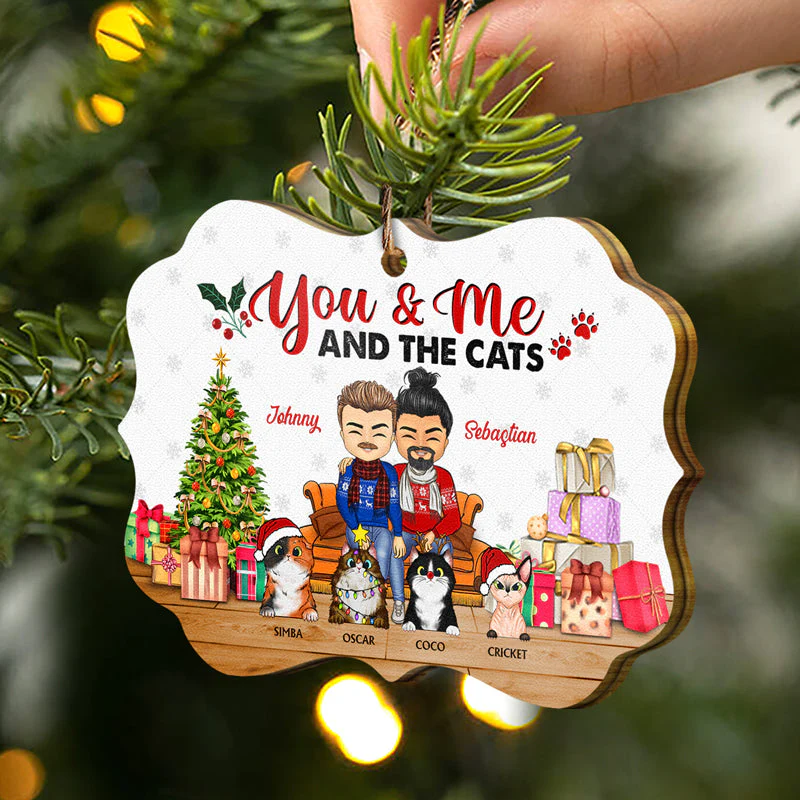 Christmas Chibi Couple You & Me And The Pets - Christmas Gift For Dog Lovers And Cat Lovers - Personalized Wooden Ornament - Image 2