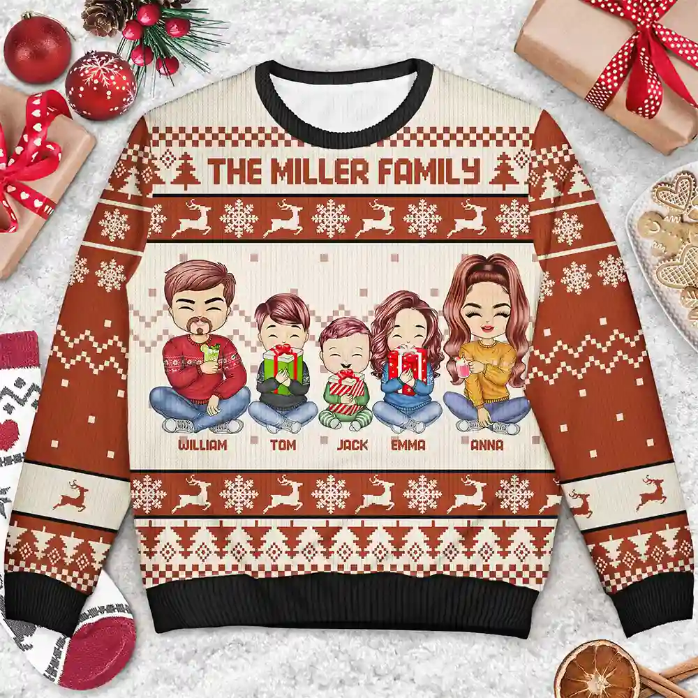 Christmas Chibi Family Holding Gift - Personalized Unisex Ugly Sweater - Image 3