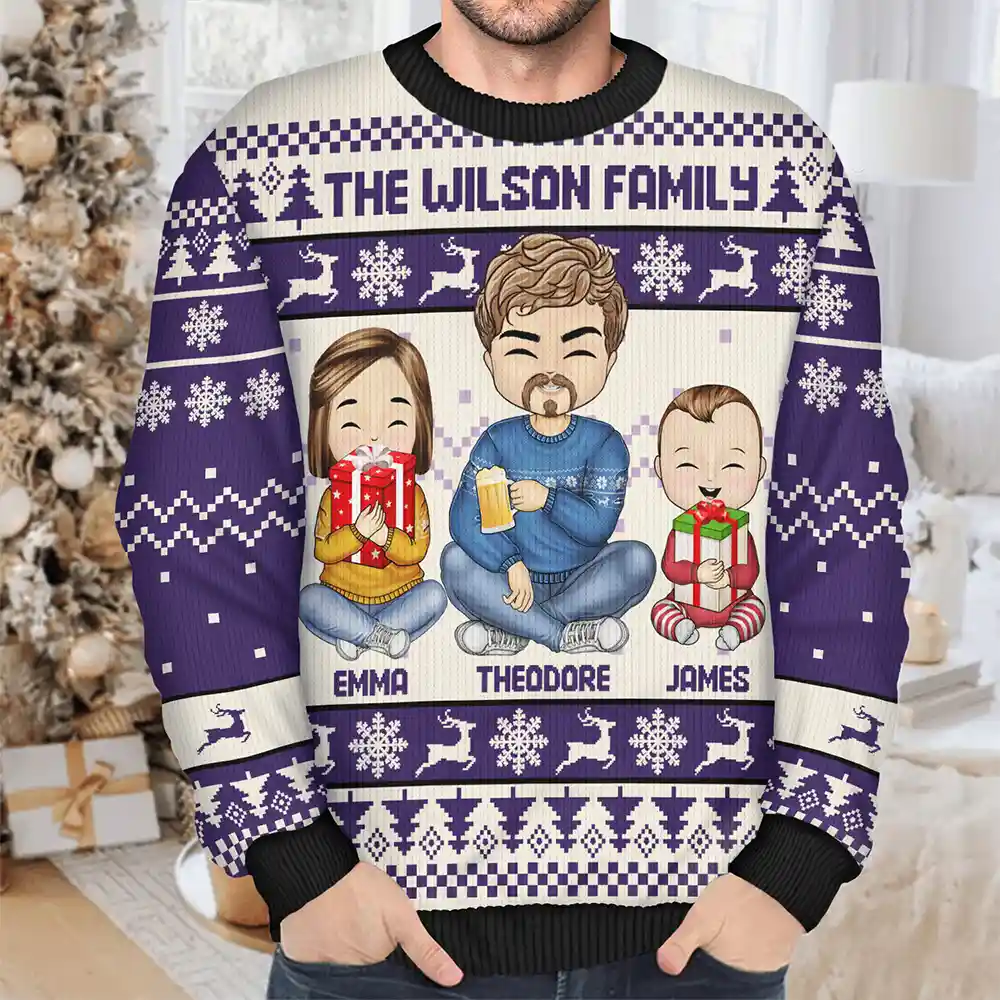 Christmas Chibi Family Holding Gift - Personalized Unisex Ugly Sweater - Image 4