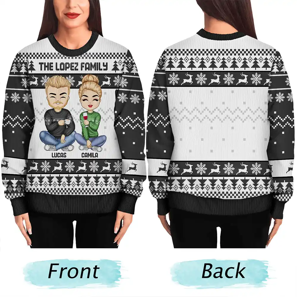 Christmas Chibi Family Holding Gift - Personalized Unisex Ugly Sweater - Image 5