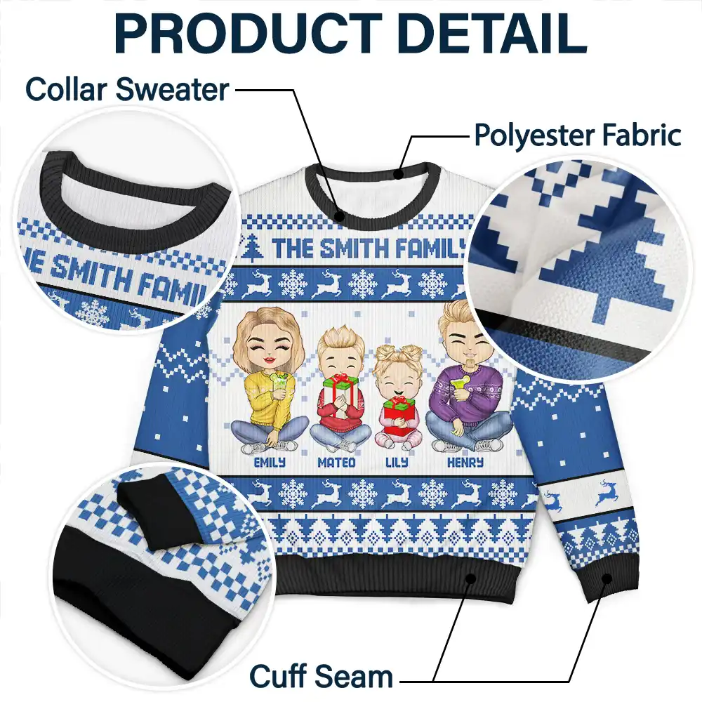 Christmas Chibi Family Holding Gift - Personalized Unisex Ugly Sweater - Image 6
