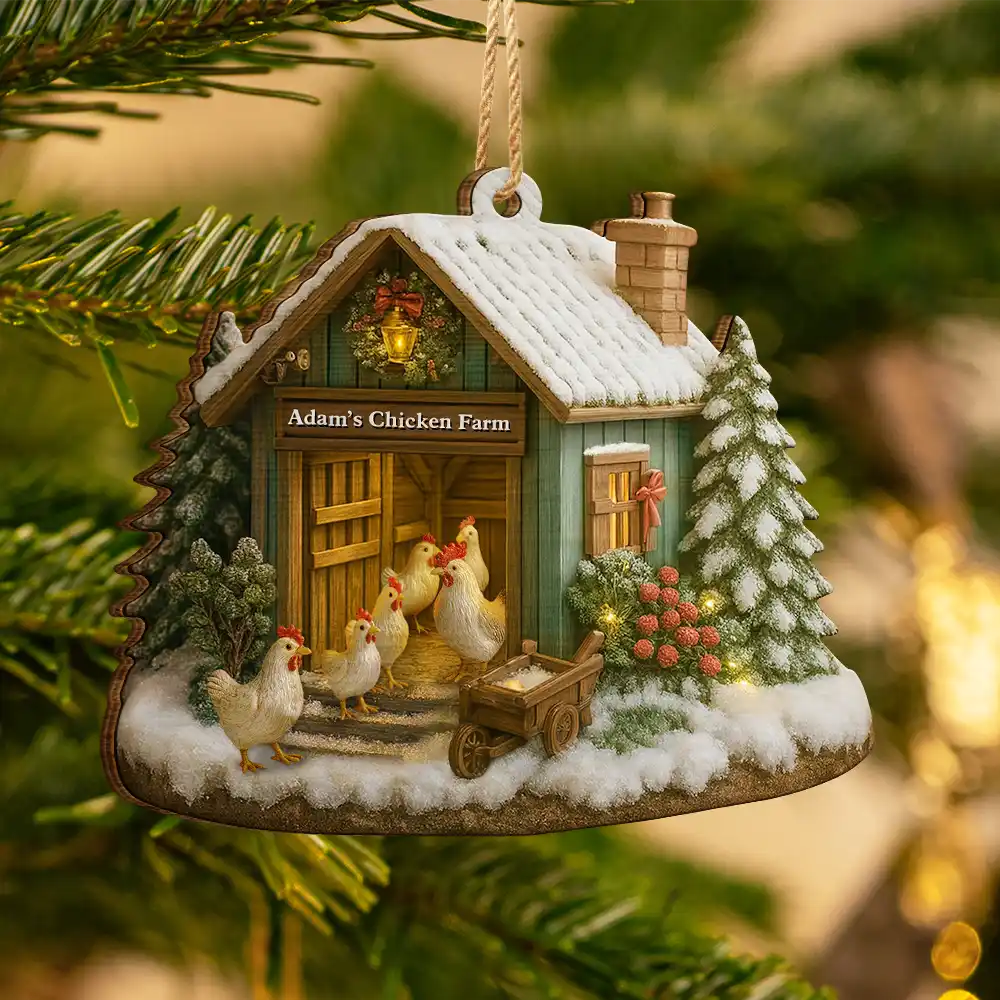 Christmas Chicken Farm - Personalized Custom Shaped Wooden Ornament - Image 3