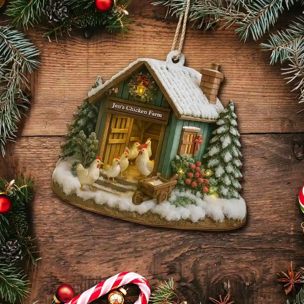 Christmas Chicken Farm - Personalized Custom Shaped Wooden Ornament - Image 5