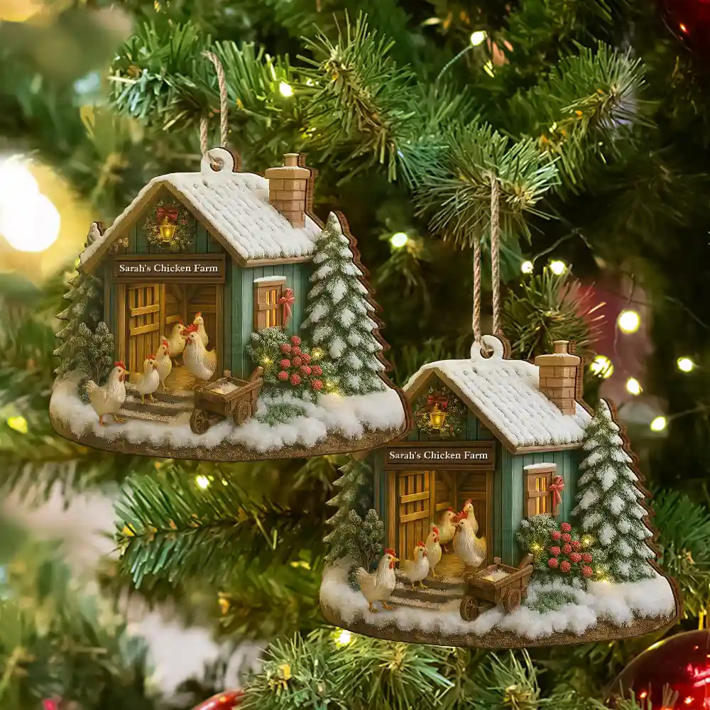 Christmas Chicken Farm - Personalized Custom Shaped Wooden Ornament - Image 6