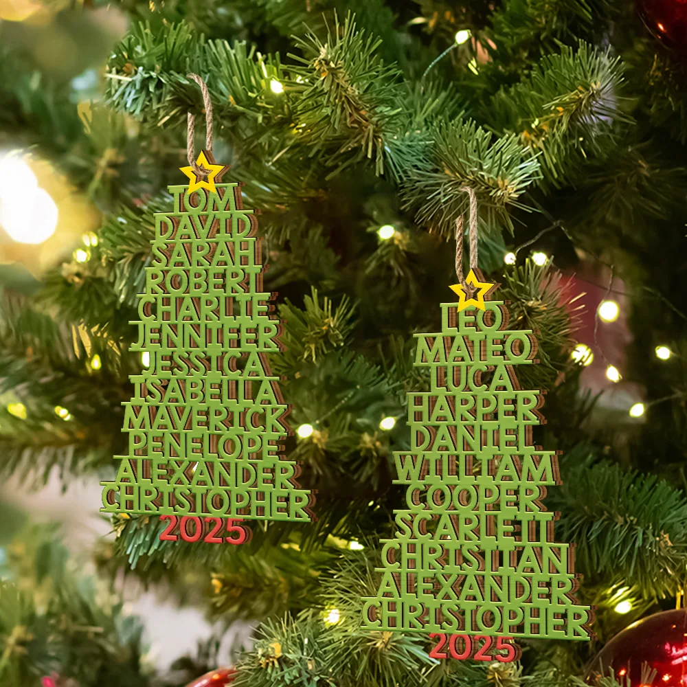 Christmas Color Tree Family Name Up To 17 Names - Personalized Custom Shaped Wooden Ornament - Image 6