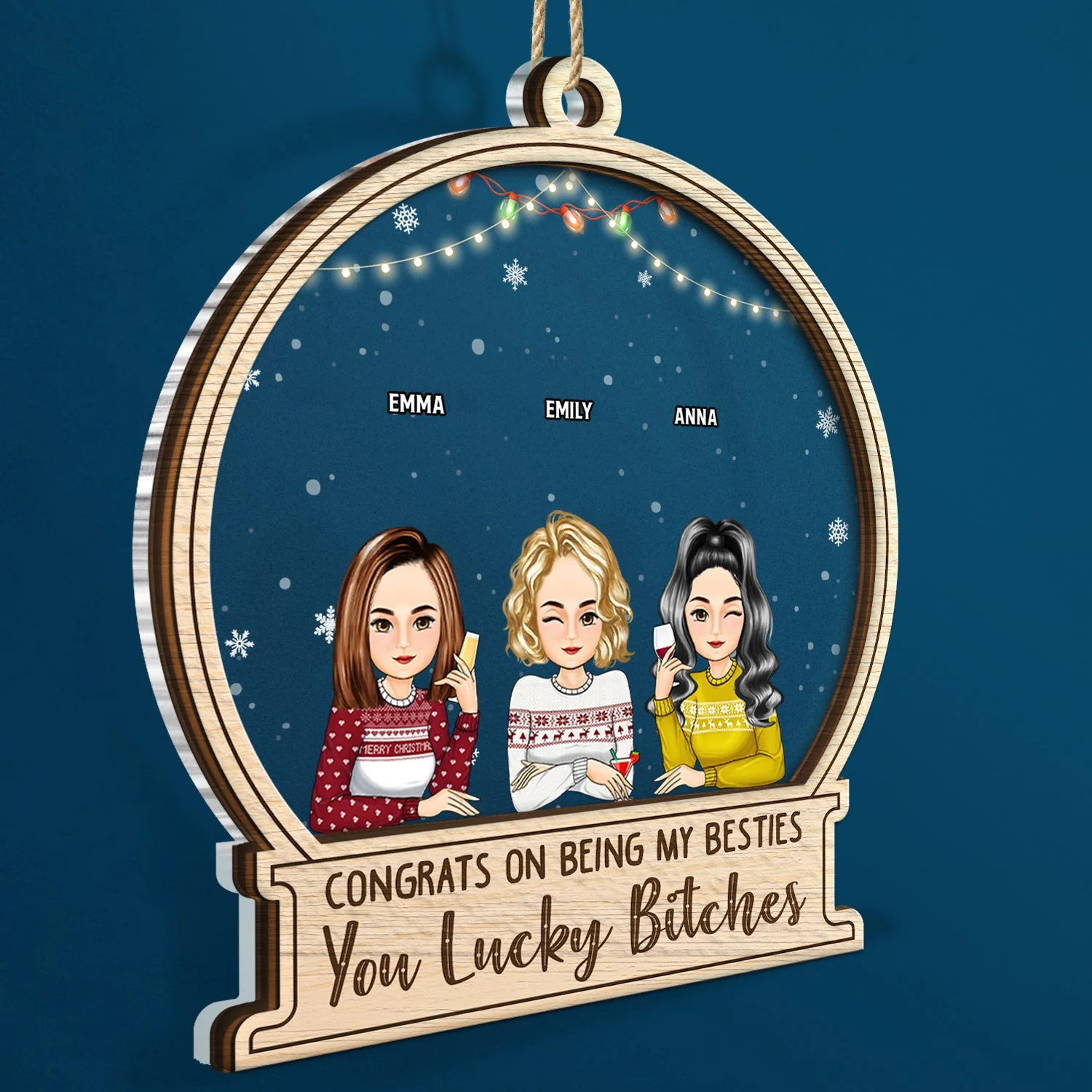 Christmas Congrats On Being My Besties Cartoon Drinking - Gift For Bestie - Personalized 2-Layered Mix Ornament - Image 2