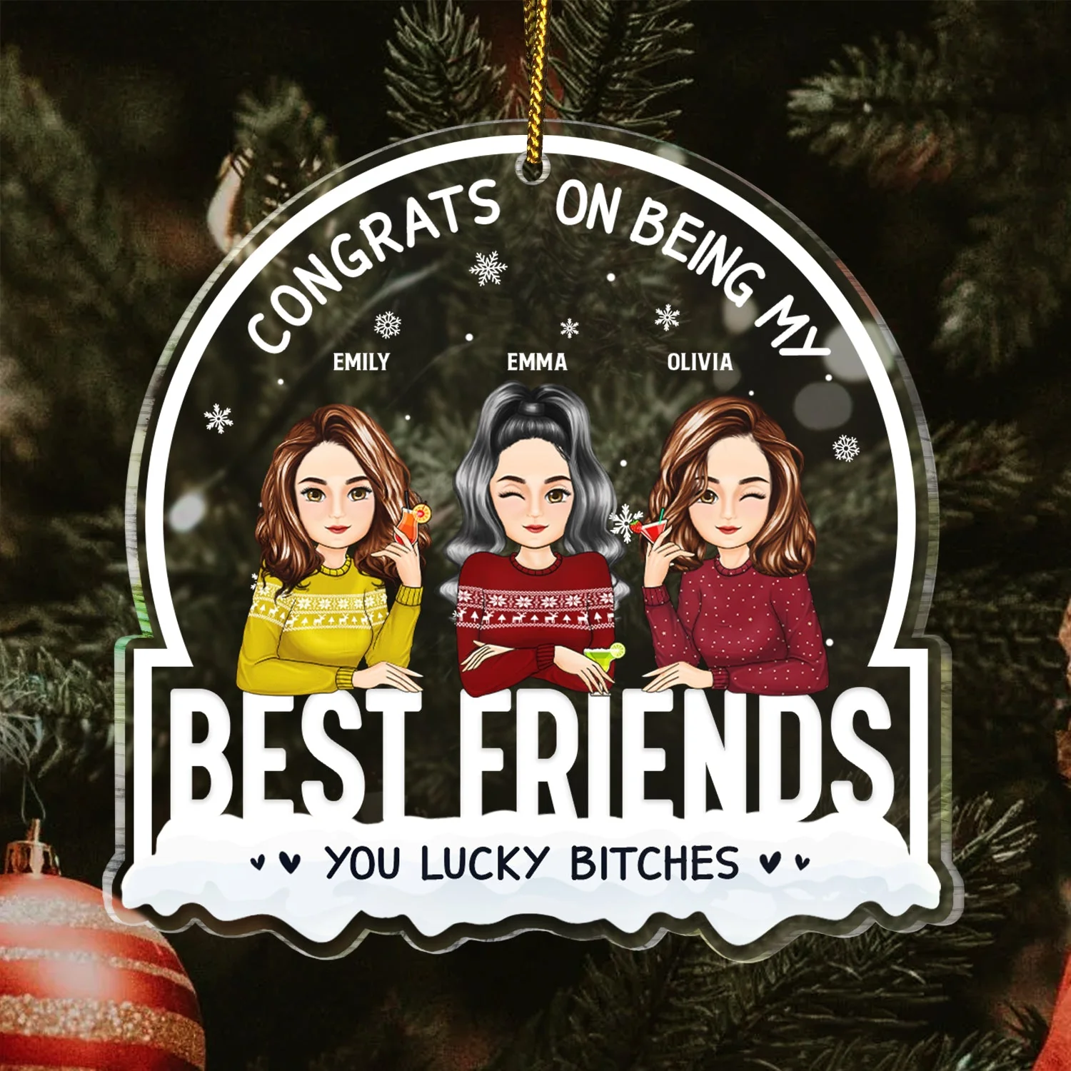 Christmas Congrats On Being My Besties Cartoon Drinking - Gift For Bestie - Personalized Custom Shaped Acrylic Ornament - Image 3