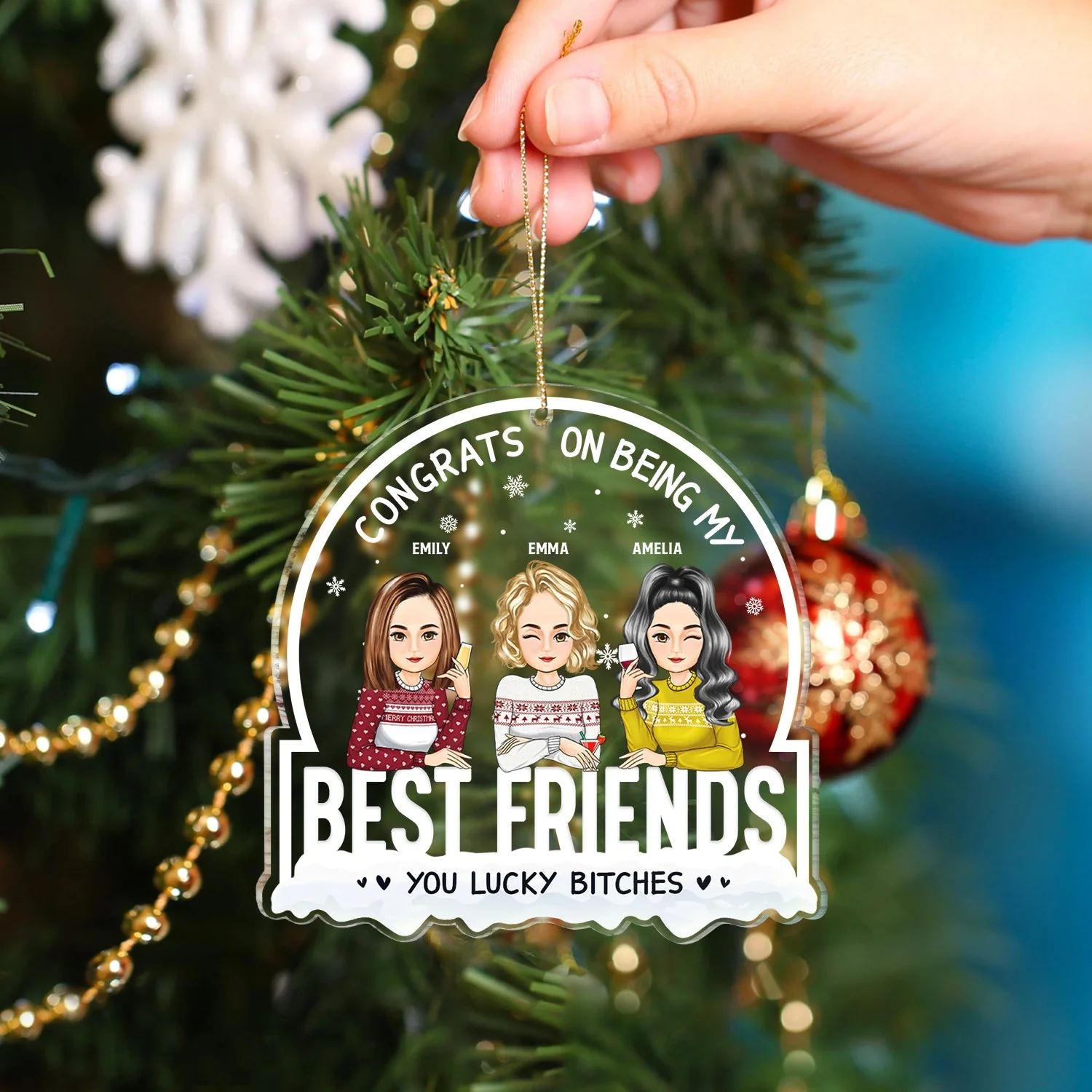 Christmas Congrats On Being My Besties Cartoon Drinking - Gift For Bestie - Personalized Custom Shaped Acrylic Ornament - Image 4