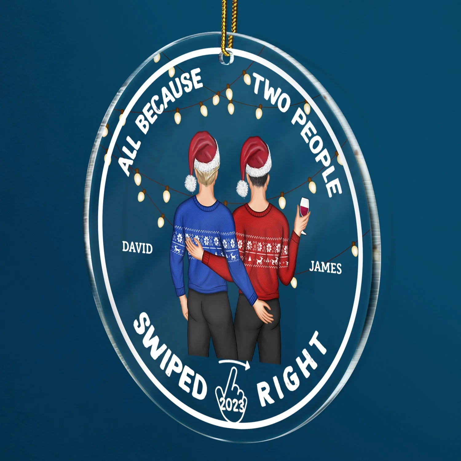 Christmas Couple All Because Swiped Right - Gift For Couples - Personalized Circle Acrylic Ornament - Image 2