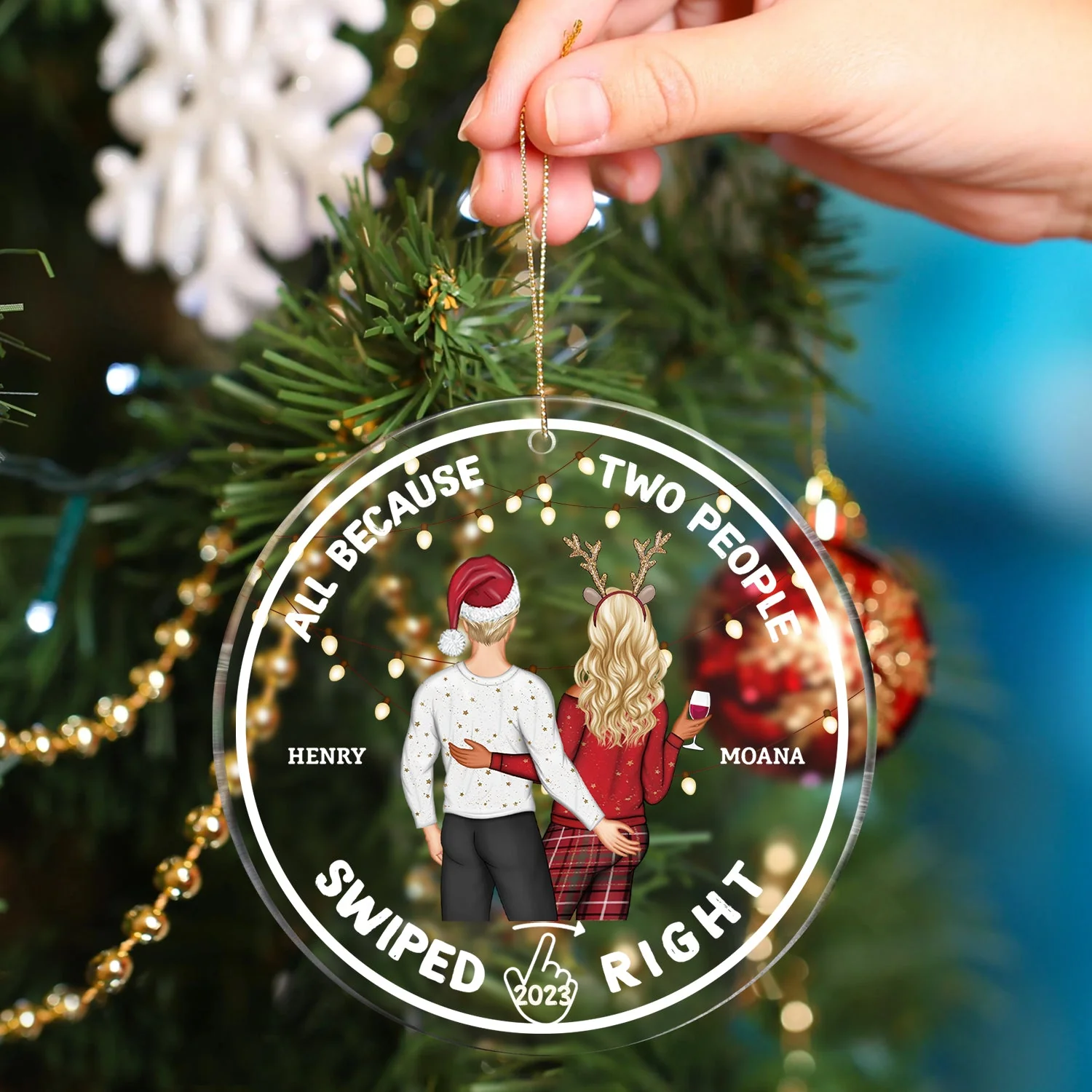 Christmas Couple All Because Swiped Right - Gift For Couples - Personalized Circle Acrylic Ornament - Image 4