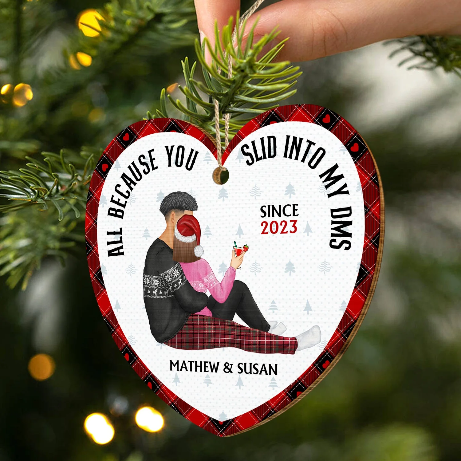 Christmas Couple All Because You Slid Into My Dms - Gift For Couples - Personalized Custom Shaped Wooden Ornament - Image 2