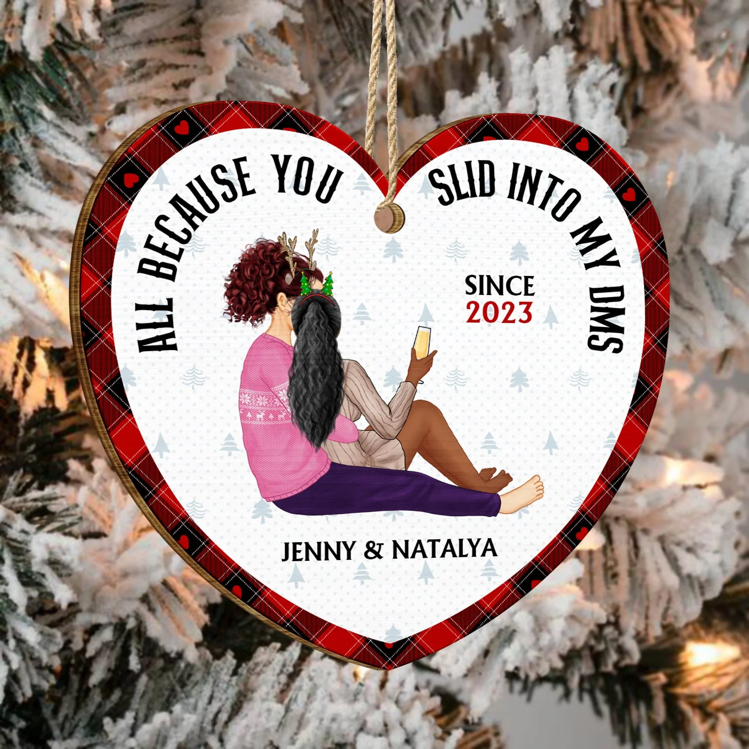 Christmas Couple All Because You Slid Into My Dms - Gift For Couples - Personalized Custom Shaped Wooden Ornament - Image 4