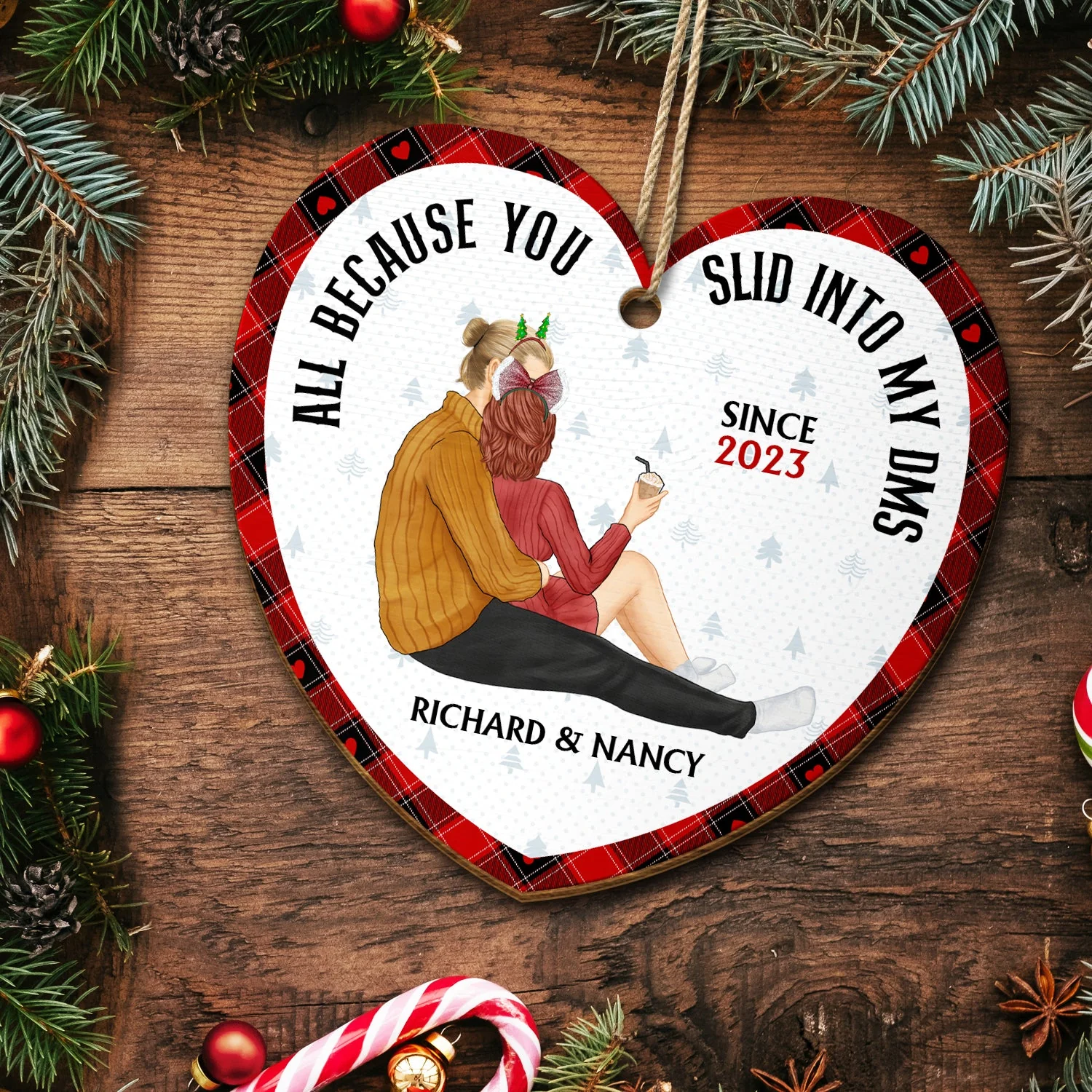 Christmas Couple All Because You Slid Into My Dms - Gift For Couples - Personalized Custom Shaped Wooden Ornament - Image 5