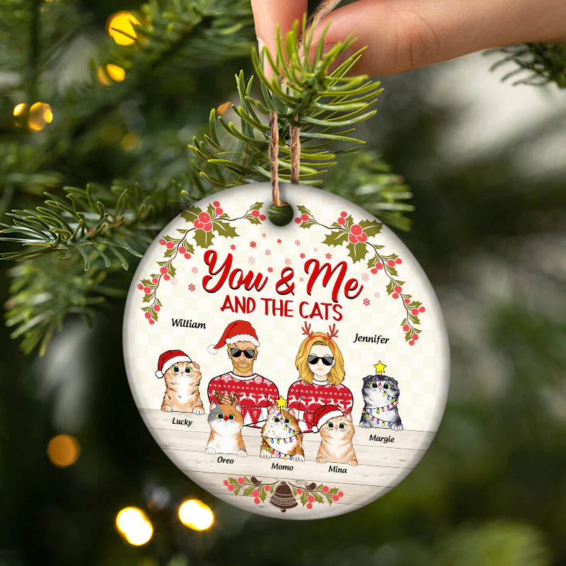 Christmas Couple And The Cats - Gift For Cat Lovers - Personalized Custom Circle Ceramic Ornament - Image 2