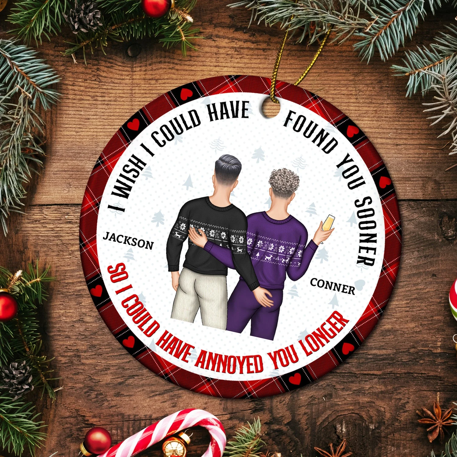 Christmas Couple Back Side Found You Sooner Annoyed You Longer - Gift For Couples - Personalized Circle Ceramic Ornament - Image 5