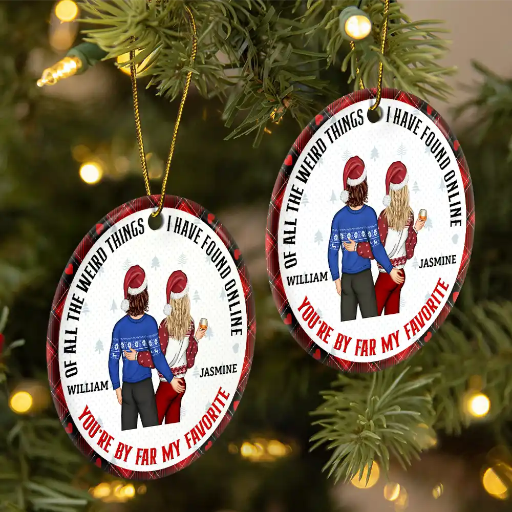 Christmas Couple Back Side You Are My Favorite By Far - Gift For Couples - Personalized Circle Ceramic Ornament - Image 2