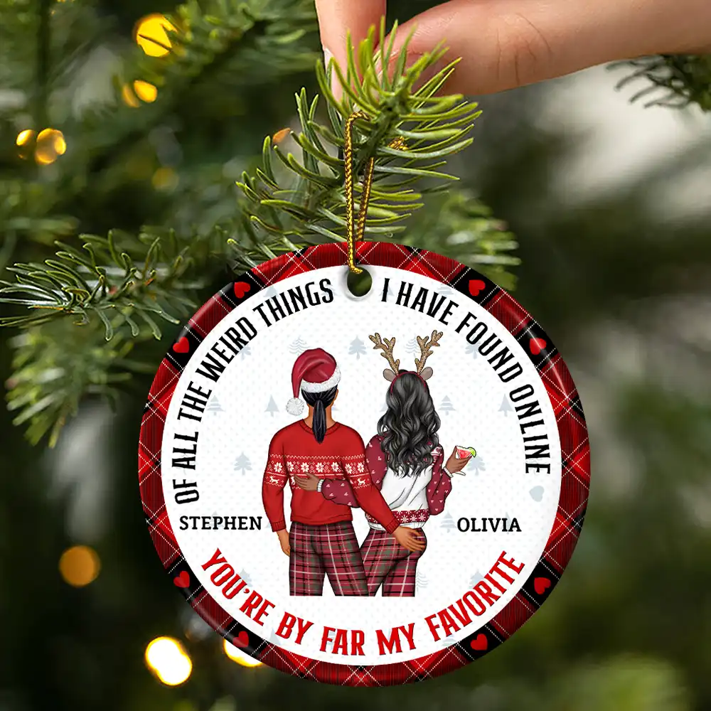 Christmas Couple Back Side You Are My Favorite By Far - Gift For Couples - Personalized Circle Ceramic Ornament - Image 3