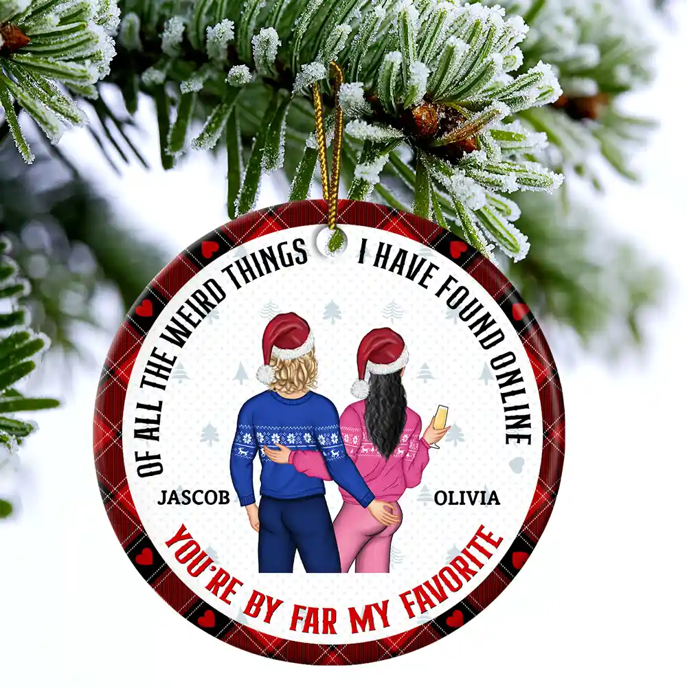 Christmas Couple Back Side You Are My Favorite By Far - Gift For Couples - Personalized Circle Ceramic Ornament - Image 4