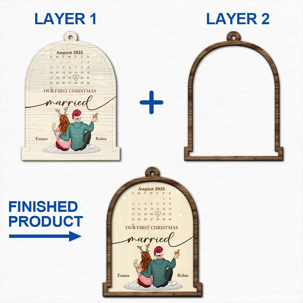 Christmas Couple Calendar Married - Personalized 2-Layered Wooden Ornament - Image 6