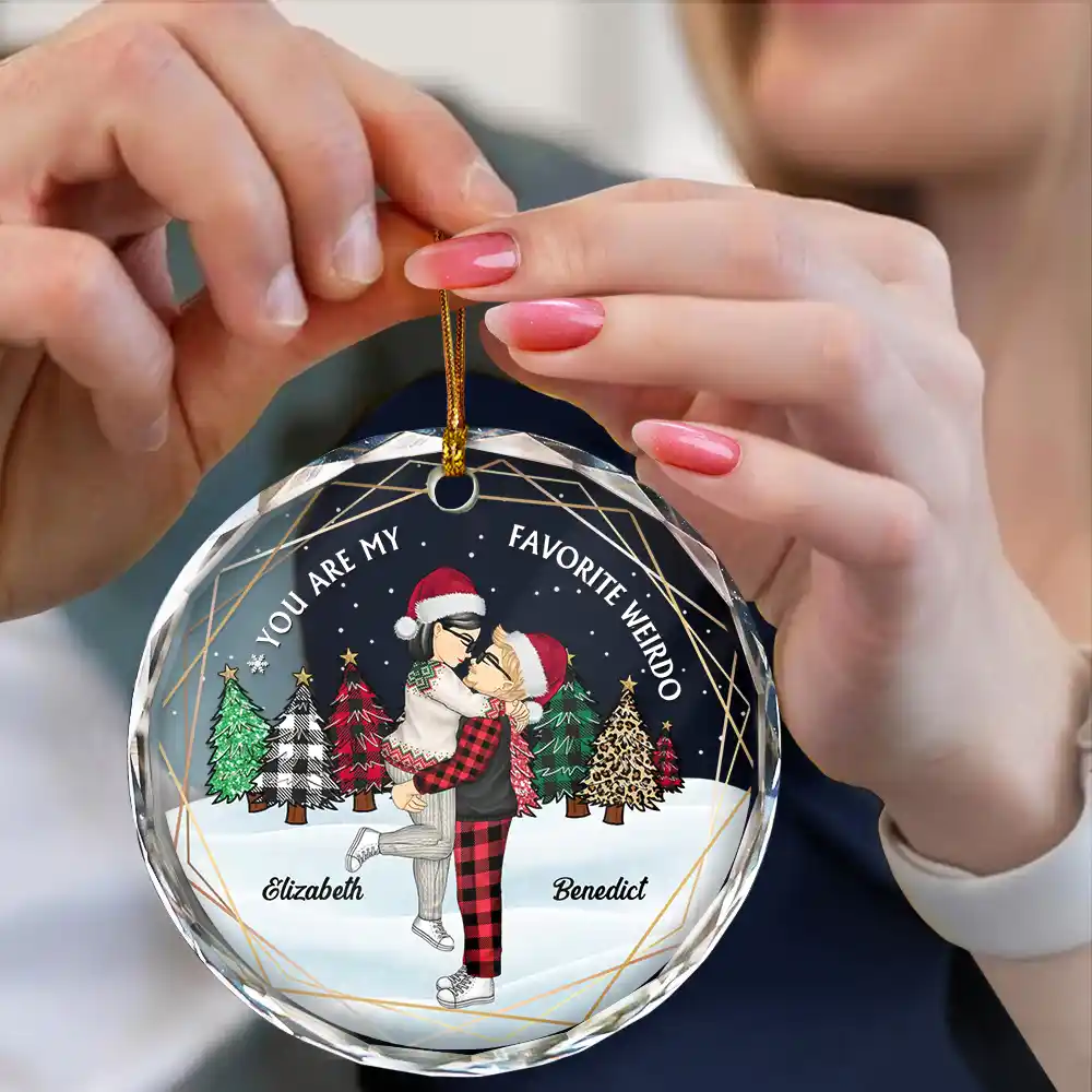 Christmas Couple Cartoon You Are My Favorite Weirdo - Personalized Circle Glass Ornament - Image 4