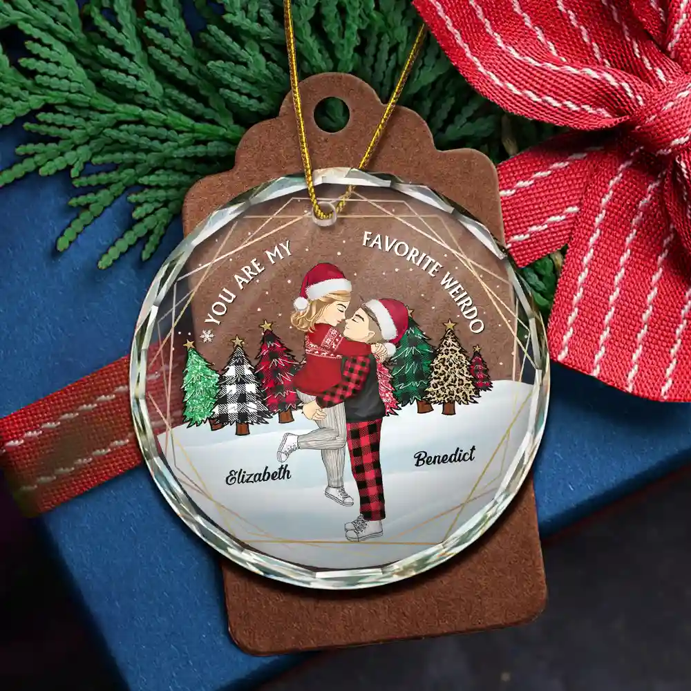 Christmas Couple Cartoon You Are My Favorite Weirdo - Personalized Circle Glass Ornament - Image 5