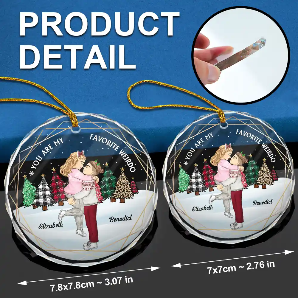 Christmas Couple Cartoon You Are My Favorite Weirdo - Personalized Circle Glass Ornament - Image 6