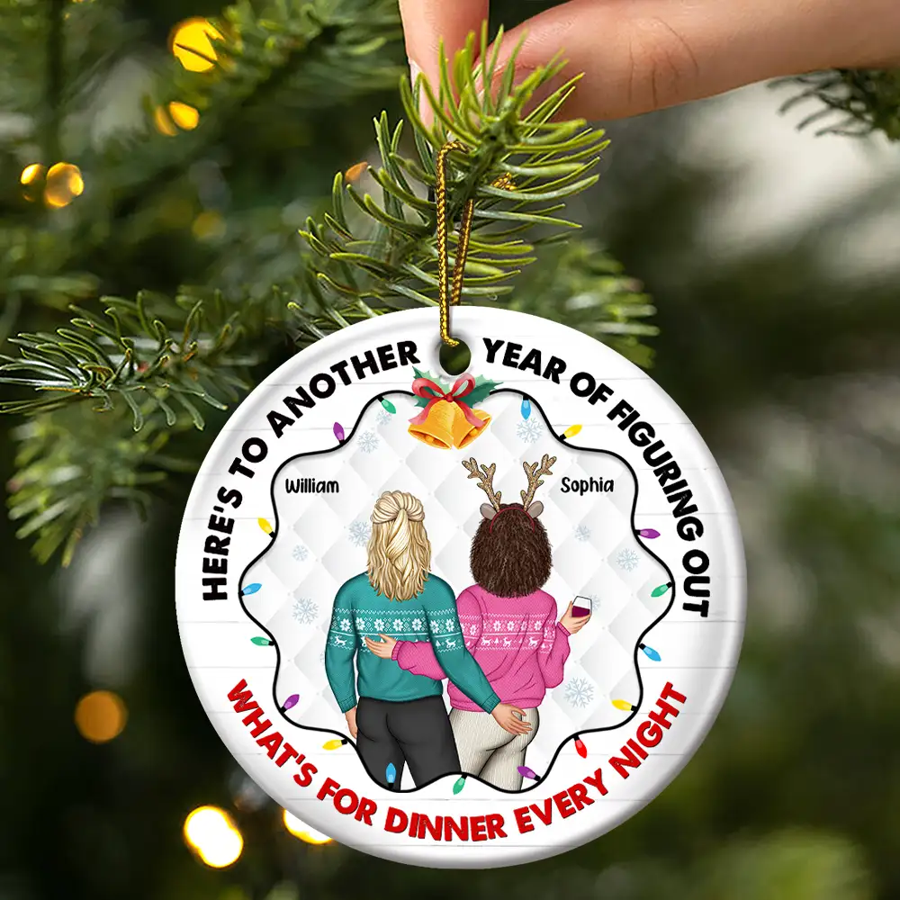 Christmas Couple Figuring Out Dinner - Personalized Circle Ceramic Ornament - Image 3