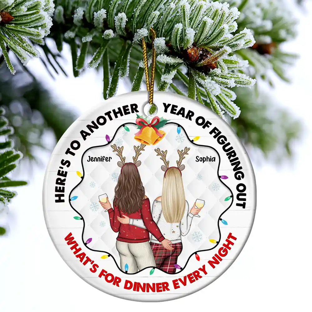 Christmas Couple Figuring Out Dinner - Personalized Circle Ceramic Ornament - Image 4