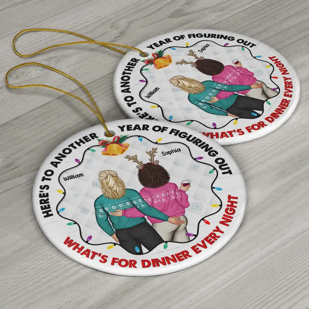 Christmas Couple Figuring Out Dinner - Personalized Circle Ceramic Ornament - Image 6