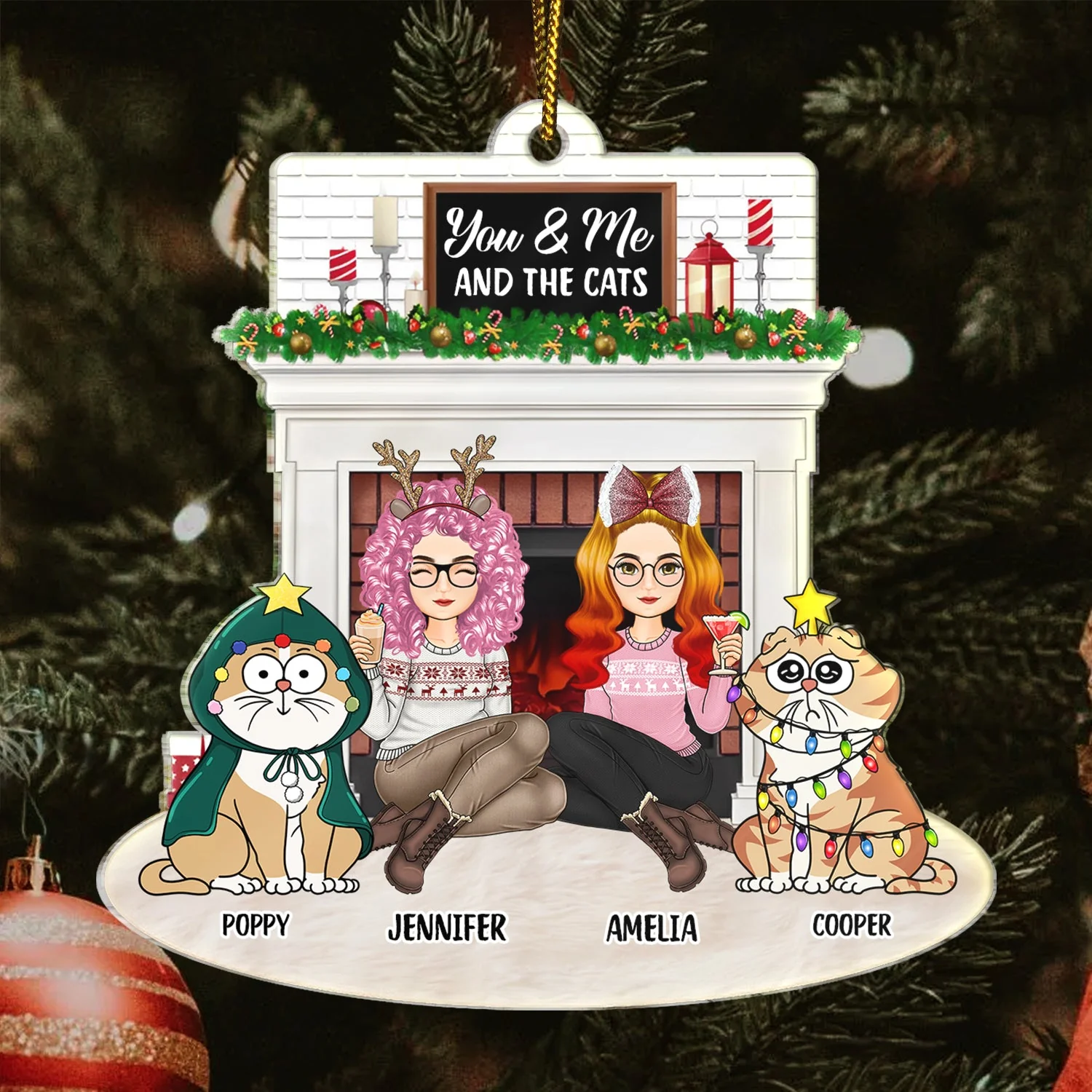 Christmas Couple Fireplace You & Me And The Pets - Gift For Pet Lovers Couple - Personalized Cutout Acrylic Ornament - Image 3