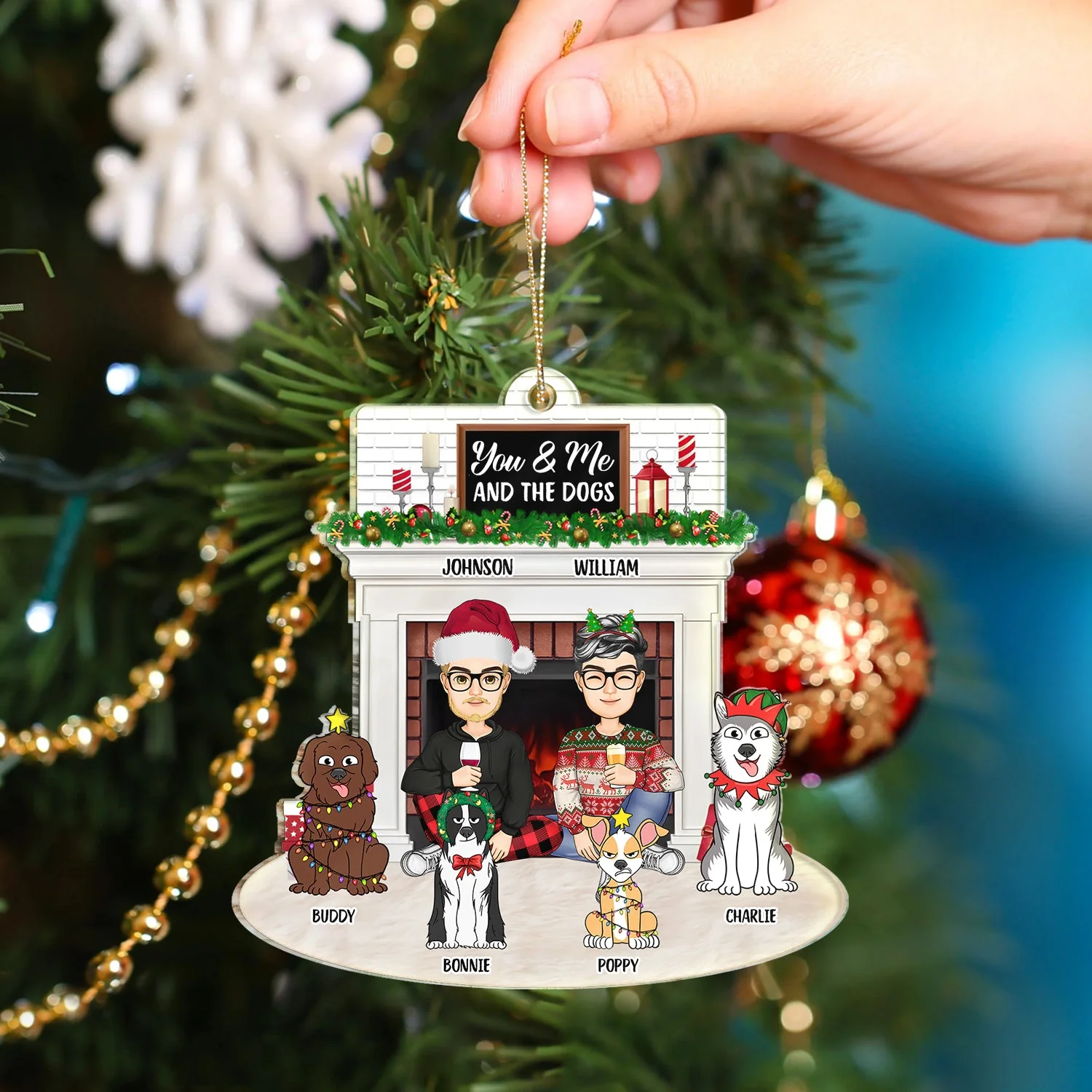 Christmas Couple Fireplace You & Me And The Pets - Gift For Pet Lovers Couple - Personalized Cutout Acrylic Ornament - Image 4