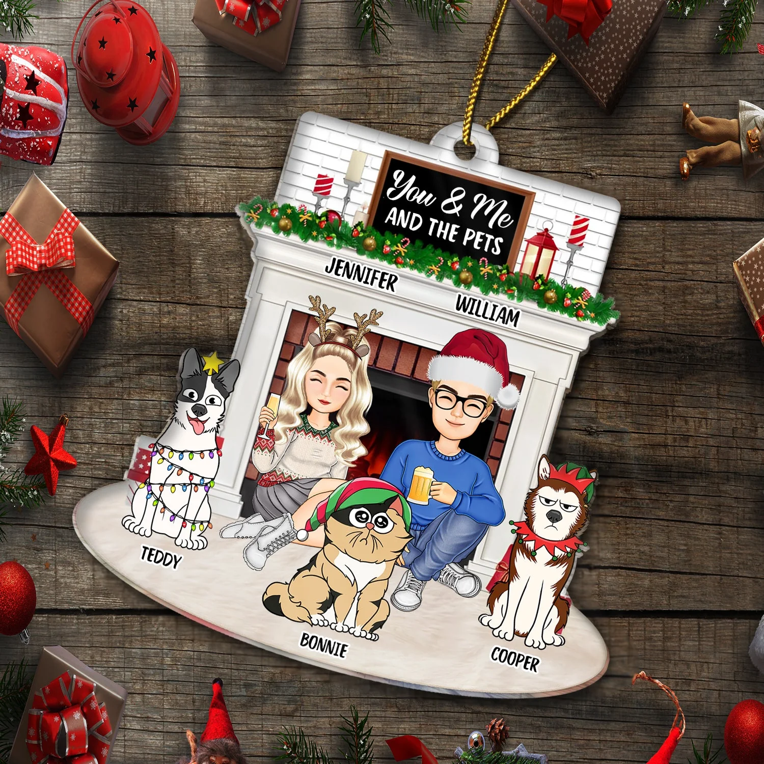 Christmas Couple Fireplace You & Me And The Pets - Gift For Pet Lovers Couple - Personalized Cutout Acrylic Ornament - Image 6