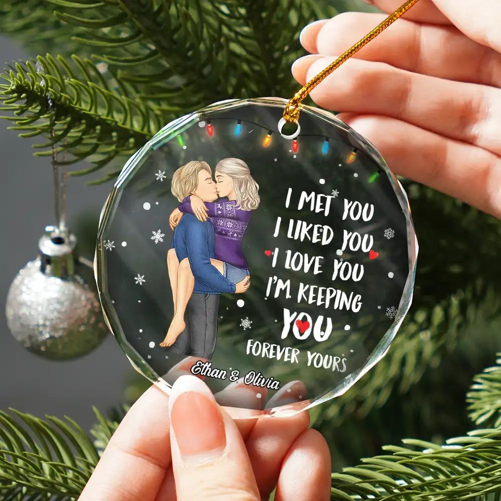 Christmas Couple Forever Yours - Personalized Circle Glass Ornament - Image 2