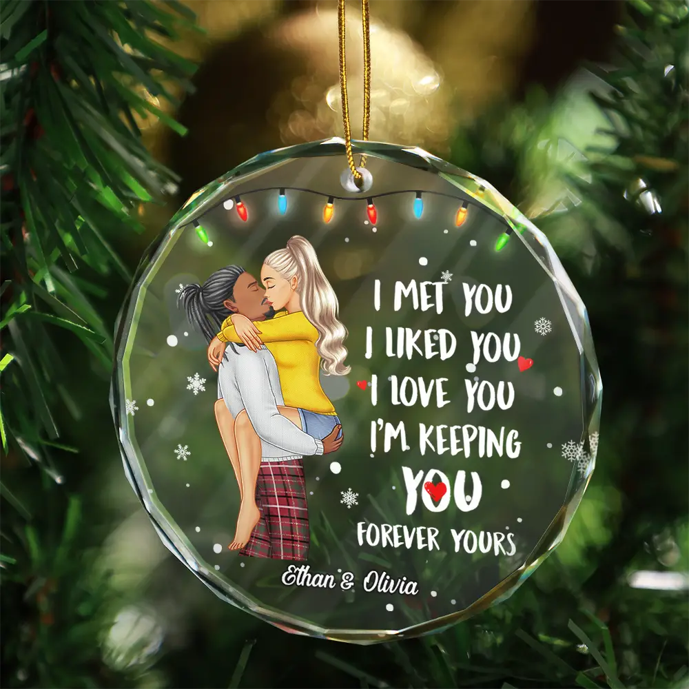 Christmas Couple Forever Yours - Personalized Circle Glass Ornament - Image 3