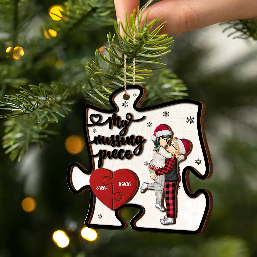 Christmas Couple Hugging Kissing My Missing Piece - Personalized 2-Layered Wooden Ornament - Image 2