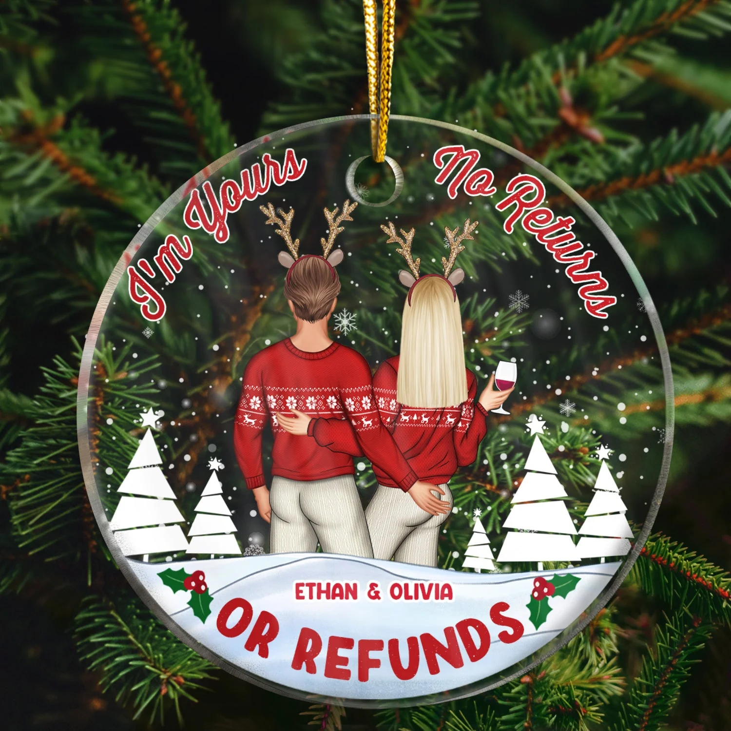 Christmas Couple I'm Yours No Return - Personalized Custom Circle Acrylic Ornament - Image 2