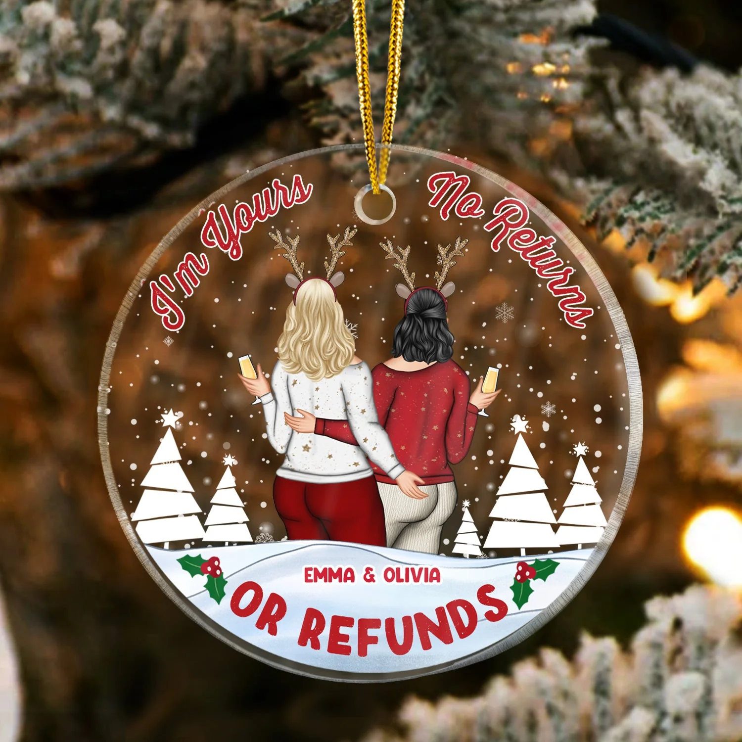 Christmas Couple I'm Yours No Return - Personalized Custom Circle Acrylic Ornament - Image 3