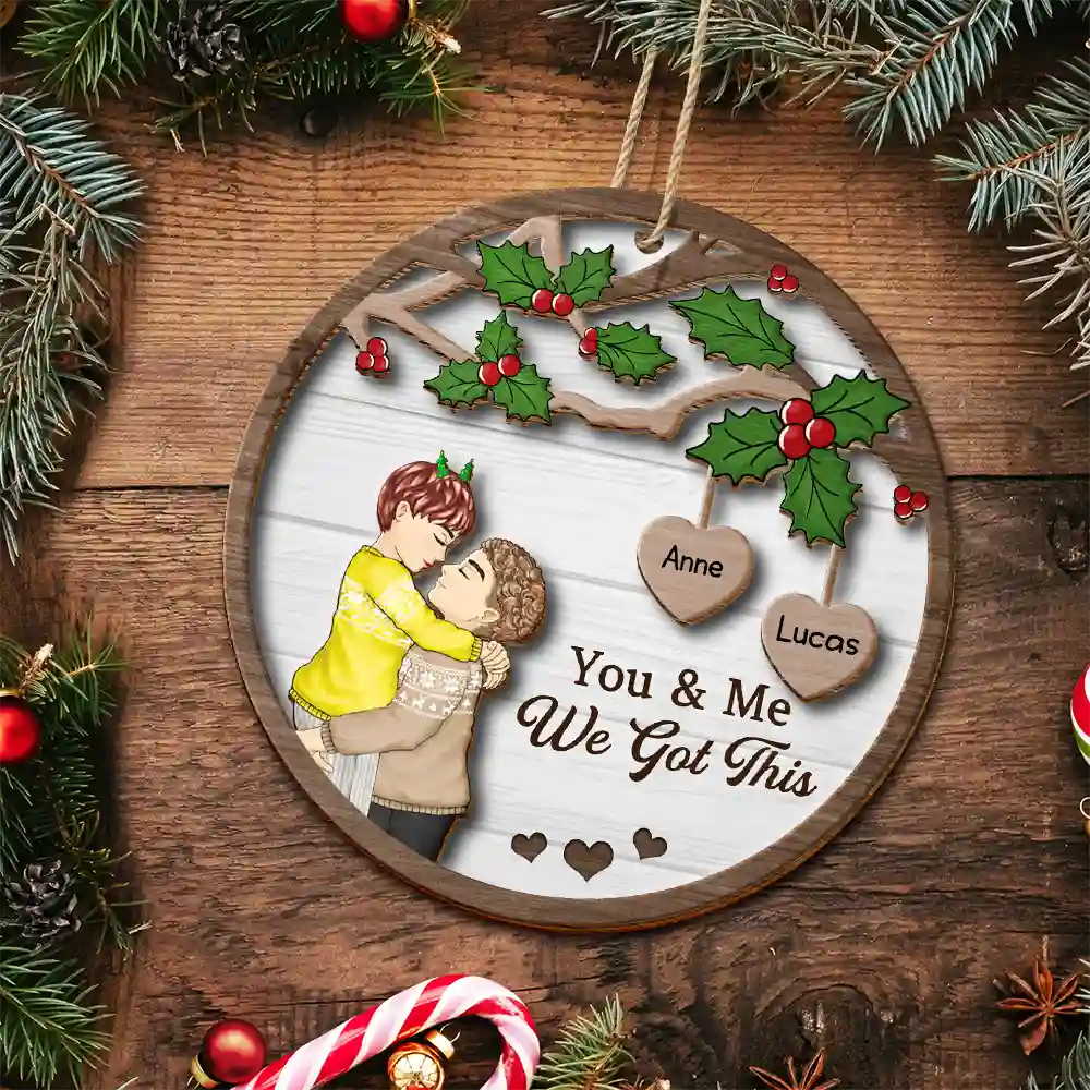 Christmas Couple Kissing Better Together - Personalized 2-Layered Wooden Ornament - Image 5