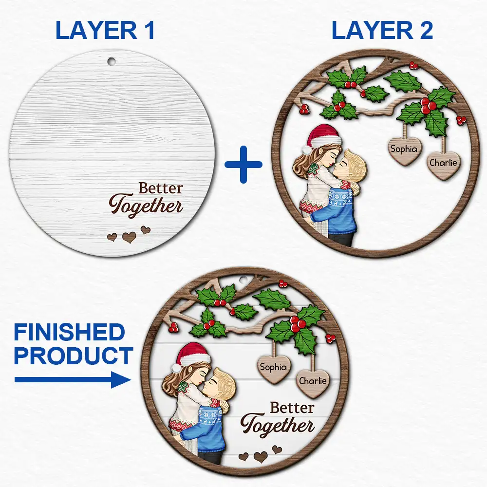 Christmas Couple Kissing Better Together - Personalized 2-Layered Wooden Ornament - Image 6