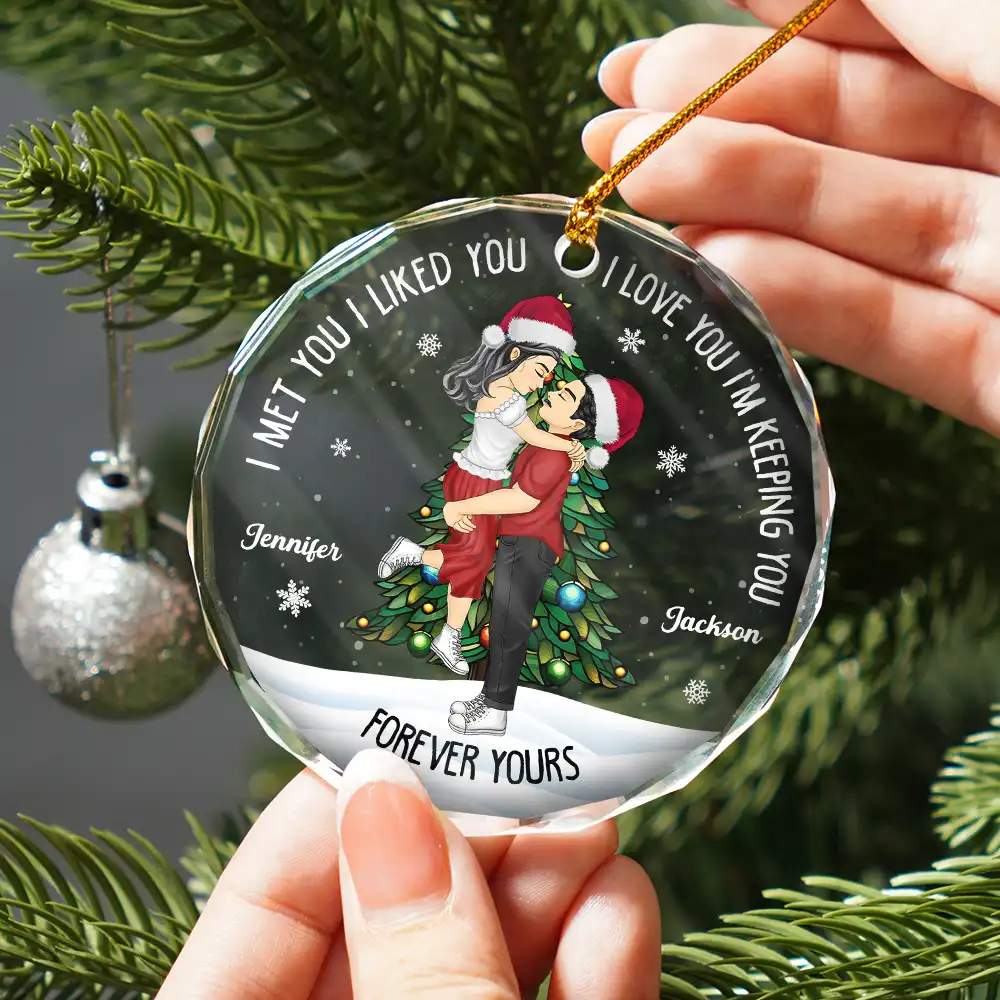 Christmas Couple Kissing Forever Yours - Personalized Circle Glass Ornament - Image 2