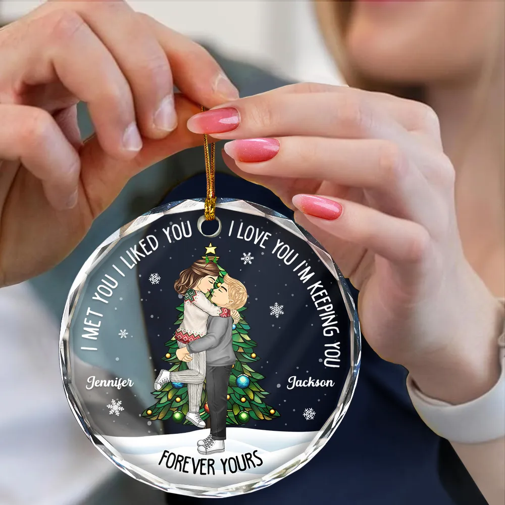 Christmas Couple Kissing Forever Yours - Personalized Circle Glass Ornament - Image 4